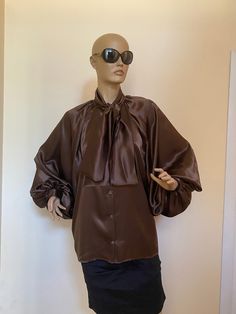 "This is a very stylish Womens Silk blouse. It is comfortable and cozy. Made for a free flowing fit. Great for all year around and for any special occasion or casual day can be dressed up or dressed down. SIZE CHART SIZE S - US 6, UK 8, EU 36 bust: bust around 34.5\"/90cm Waist: waist around 27.5\"/70cm Hips: hips around 34.5\"/90cm SIZE M - US 8, UK 10, EU 38 bust: bust around 37.5\"/95cm Waist: waist around 29.5\"/75cm Hips: hips around 37.5\"/95cm SIZE L - US 10, UK 12, EU 40 bust: bust aroun Brown Silk Blouse For Work, Elegant Brown Silk Blouse, Brown Long Sleeve Party Tops, Brown Silk Tops For Fall, Brown Silk Blouse For Spring, Spring Brown Silk Blouse, Brown Silk Party Tops, Chic Brown Silk Top, Party Brown Silk Tops