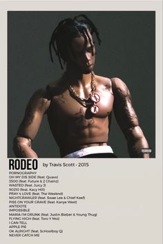 a man with dreadlocks is standing in front of a poster that says rodeo by travis scott 2013