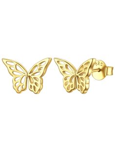 PRICES MAY VARY. BUTTERFLY STUD EARRINGS - Butterfly is a symbol of rebirth, life, freedom, transformation and hope. Dainty yet sturdy, butterfly earrings studs are ready for everyday wear, or as the finishing touch to your favorite looks. HYPOALLERGENIC MATERIAL - This gold butterfly earrings is made of high quality 925 sterling silver, lead free & nickel free & anti-allergy, safe for sensitive ear. It won't tarnish or fade easily EARRINGS DIMENSION - Stud earrings: 0.44'' * 0.31''(11.3mm*8mm); Thickness: 0.05''(1.25mm); This dainty gold earrings for women are cute, lightweight and comfortable to wear all day long. PERFECT GIFT - Give this gold studs earrings for women as a unique present to your loved ones, like wife, fiancee, mother, your friend, or even yourself for valentine's day, mo Sterling Silver Heart Earrings, Dainty Gold Earrings, Sun Earrings, Butterfly Earrings Gold, Earrings Butterfly, Black Stud Earrings, Gold Earrings For Women, Silver Heart Earrings, Butterfly Earrings Stud