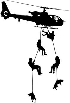 silhouettes of people hanging from a helicopter