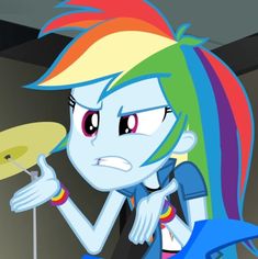 an animated pony with rainbow hair and piercings playing the drums in front of a drum set