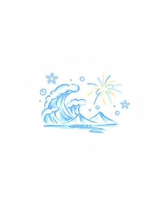 a blue and white drawing of a wave with stars in the sky above it on a white background