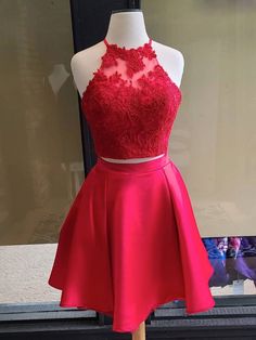 Simple red two pieces short lace prom Dress Outfits For Girls Two Piece Dress Formal Short, Prom Dresses Two Piece Short, Red Homecoming Dress, Promotion Dresses, Hoco Ideas, Prom Dress Red, Quinceañera Dresses, Red Two Piece, Mini Prom Dresses