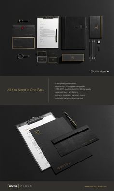 a black and white brochure with gold accents