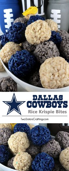 rice krispie bites are stacked in a bowl with the words dallas cowboys on it