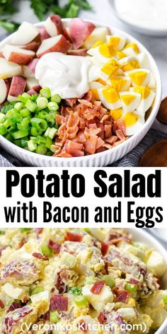 Chopped potatoes, eggs, bacon, green onion and salad dressing in a white bowl. Salad With Bacon And Egg, Egg Potato Salad, Potato Salad With Bacon, The Best Potato Salad, Best Potato Salad, Dishes Ideas, Egg Potato, Potato Salad With Egg, Recipe Potato