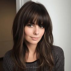 Long Brunette Locks with Razor Cut Bangs Long Fringe Bangs With Medium Hair, Brunette Hair With Fringe, Long Brunette Hair With Bangs, Razor Cut Bangs, 2024 Bangs, Bangs Hair Ideas, Different Types Of Bangs, Types Of Bangs, Brunette Bangs