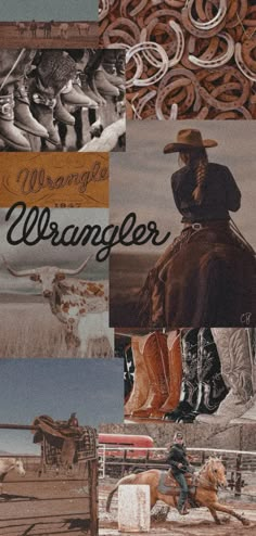 a collage of images with the words wrangler written in cursive writing