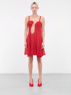 Keyhole Ruffled Mini Dress (DR168-RED) Ruffled Mini Dress, Richard Quinn, Ruffle Mini Dress, Leather Shorts, Jogger Jeans, Outerwear Coats, Swimwear Accessories, Jean Paul Gaultier, Trouser Jeans