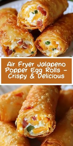 some food is on a white plate and has the words air fryer jalapeno popper egg rolls - crispy & delicious