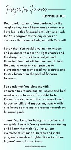 a poem written in blue and white with the words prayer fitness for paying off debt