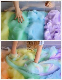 two pictures of someone playing with colored powder