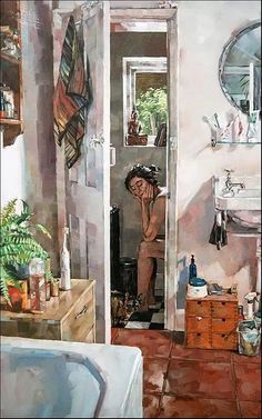 a painting of a person sitting in a bath room next to a sink and mirror