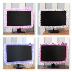 four different pictures of a blackboard with pink and white ruffles on it