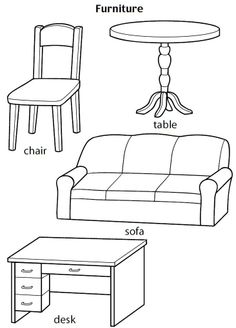 the furniture and table are labeled in black and white, including a couch, chair, coffee