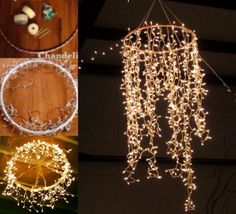 some lights that are hanging from the ceiling and in front of a wooden table with other items on it