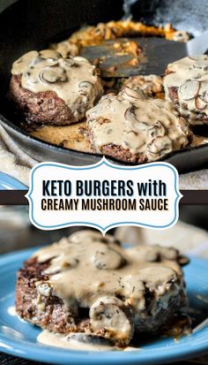 keto burgers with creamy mushroom sauce in a cast iron skillet on a blue plate