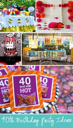 a collage of photos with colorful decorations and birthday party items in the background, including candy bar