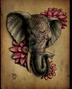 an elephant with flowers on it's back is shown in this tattoo art design