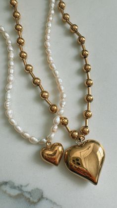 14 inch chain on shortest clasp and 17 inch on longest - 18k Gold Plated - Stainless Steel Filled - Water-resistant - Hypoallergenic Chunky Heart Necklace, Heart Choker, Pearls Necklace, Beach Collection, Cartilage Earrings, Ring Bracelet, Hair Jewelry, Heart Necklace, Necklace Set