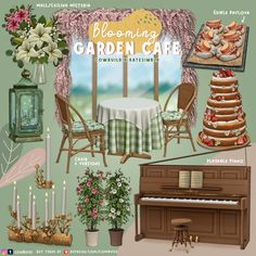 an image of a garden cafe with flowers and cakes on the table next to a piano