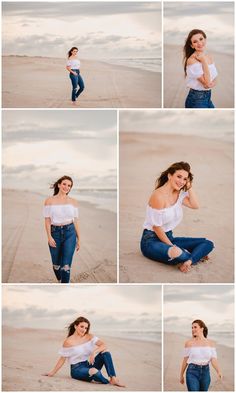 a woman in white shirt and jeans sitting on the beach