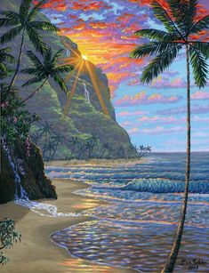 a painting of two palm trees on the beach at sunset, with mountains in the background