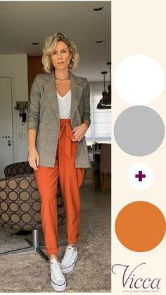 Business Casual Outfits Orange, Burnt Orange Trousers Outfit, Orange And Grey Outfit, Orange Pants Outfit Work, Orange Trousers Outfit, Orange Pants Outfit, Pantalon Orange, Informal Attire, Pants Outfit Work