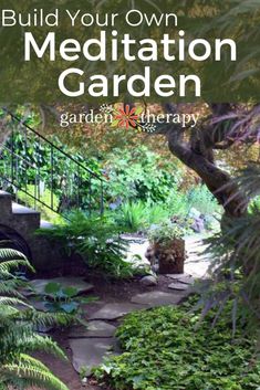 the cover of build your own meditation garden, with steps leading up to a bridge