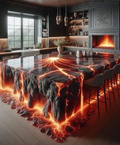 a kitchen with a table covered in flames and chairs around it, surrounded by an island