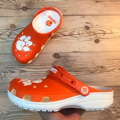 Brand New Crocs Clemson Classic Clog Men’s Size 6 / Women’s Size 8 Spring Sports Clogs With Round Toe, White Closed Toe Sporty Clogs, Sporty White Closed Toe Clogs, Sports White Clogs With Cushioned Footbed, White Sports Clogs With Cushioned Footbed, Yellow Crocs, Platform Crocs, New Crocs, Brown Slip On Shoes