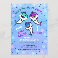 a birthday party card with three cartoon sharks