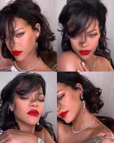 four pictures of a woman with red lipstick