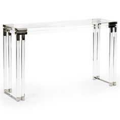 an acrylic console table with clear glass and chrome legs, on a white background