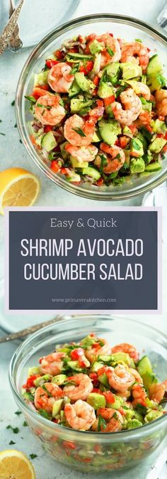 shrimp and avocado cucumber salad in glass bowls with lemon wedges