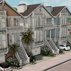 a large house with many balconies and palm trees on the front porchs