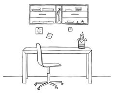 a drawing of a desk with a chair and shelves above it that have papers on them