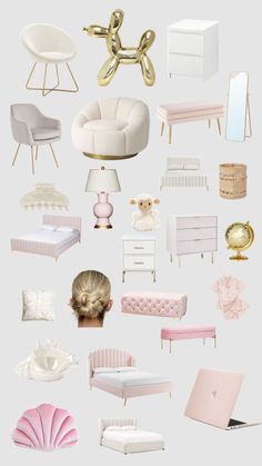 a collage of furniture and accessories in pastel pink, white and gold colors