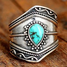 Sterling Silver Teardrop Turquoise Ring - Boho-Magic Jewelry Rings Vintage Boho, Asymmetrical Ring, Natural Turquoise Stone, Turquoise Crystal, Turquoise Boho, Shape Geometric, Green Opal, Birthday Jewelry Gift, Vintage Turquoise