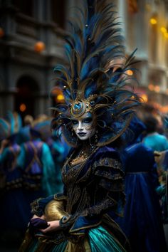 Carnival in Venice - Woman wearing an extravagant costume in navy blue and aquamarine Venice Masquerade Costumes, Venice Masks Carnival, Steampunk Circus Costume, Carnival In Venice, Venice Carnival Aesthetic, Fae Masquerade, Venice Masquerade, Carnival Clothes, Venice Carnevale