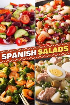 four pictures with different types of salads in them and the title says spanish salads