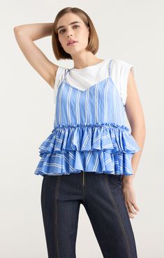 Elevate your casual look with our Samantha Top. This pre-styled cotton top features a seersucker tank overlay and a peplum silhouette for a flattering fit. With short sleeves for added comfort, this top is perfect for any occasion. Look effortlessly chic and stylish in our Samantha Top. Details Pull onFabric: Seersucker StripeFitted silhouettePre-styled detailsShort sleeve Content and Care 100% Cotton/ 69% Viscose 16% Polamide-Nylon 15% PolyesterDry CleanImported Measurements 21.75in/55.25cm fro Trendy Spring Tops With Ruffle Hem, Trendy Ruffle Hem Tops For Spring, Spring Cotton Ruffled Tank Top, Spring Cotton Ruffle Tank Top, Spring Cotton Tank Top With Ruffles, Summer Daywear Tops With Ruffle Hem, Summer Short-sleeve Top With Ruffle Hem, Summer Short Sleeve Top With Ruffle Hem, Cotton Tops With Ruffle Hem For Summer