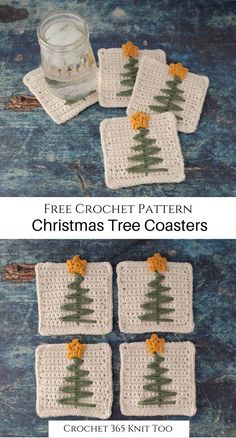 four crocheted coasters with christmas trees on them and the words free crochet pattern