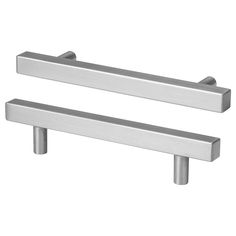 two stainless steel handles are shown on a white background and one is in the shape of a rectangle