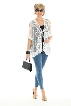 "Pull together your look with this sheer mesh cardigan trimmed with crochet knit detailing featuring a front-open, scalloped edge in front, hem, and cuff. Perfect for pairing with your favorite tees, tanks, tops, dresses, swimsuits, and much more. This beautiful soft versatile cardigan is light, dressy, and the perfect layering piece over any outfit. Features: * Sheer * Front-open * Crochet knit detailing * Short Sleeves * Size S/M: 32\" long from high point of shoulder to hem * 95% Polyster, 5% Lace Cardigan Outfit, Knit Tank Pattern, Cardigan Pattern Free, Crochet Jackets, Versatile Cardigan, Mesh Crochet, Sheer Cardigan, Crochet Cardigan Pattern Free, Mesh Cardigan