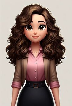 an animated woman with long brown hair wearing a pink shirt and black skirt