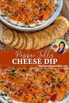 The photo shows a cheese dip with pepper jelly on top in a bowl with crackers surrounding for dipping. The brightly colored banner displays the name of the recipe, "Pepper Jelly Cheese Dip." Pepper Jelly Cheese Dip, Pepper Jelly Recipes, Delicious Dips Recipes, Best Appetizer Recipes, Pepper Jelly, Jelly Recipes, Pepper Jack Cheese