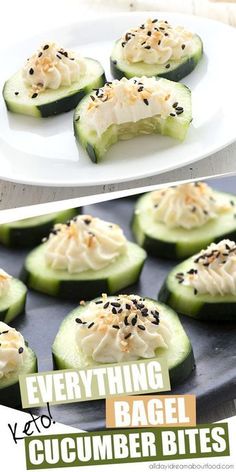 cucumber bites with everything in between them on a white plate and an advertisement for the company