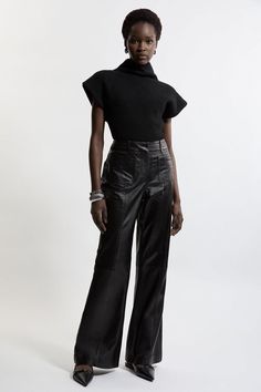 Experience Sleek Tailoring With Our Wide Leg Leather Trousers. Made With Supple Leather Fabric, A Tailored Fit And Patch Pocket Detail, These Trousers Can Take You From Day To Night. Style With Knitwear Or A Basic T-Shirt For A More Casual Look, Or Dress It Up With A Blouse And Heels. Leather Patch Pocket Tailored Trouser High Quality, Soft Real Leather Comfortable High Waistline Belt Loop Features Tailored Wide Leg Fit Patch Pocket Detail Petite Wedding Guest Dresses, Black Experience, Plus Size Workwear, Night Style, Petite Coat, Plus Size Coats, Fall Outfits For Work, Leather Trousers, Winter Coats Jackets