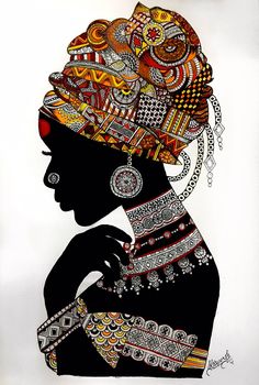 a drawing of a woman with an elaborate headdress and jewelry on her neck